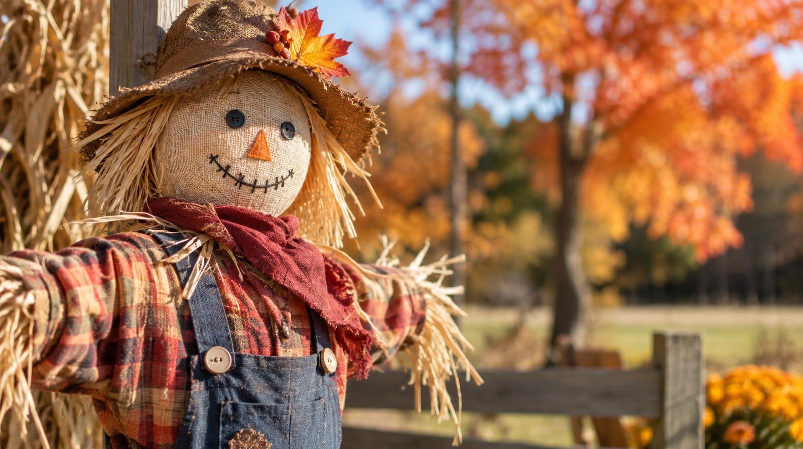 A straw-stuffed scarecrow in colorful autumn clothing on a wooden post.