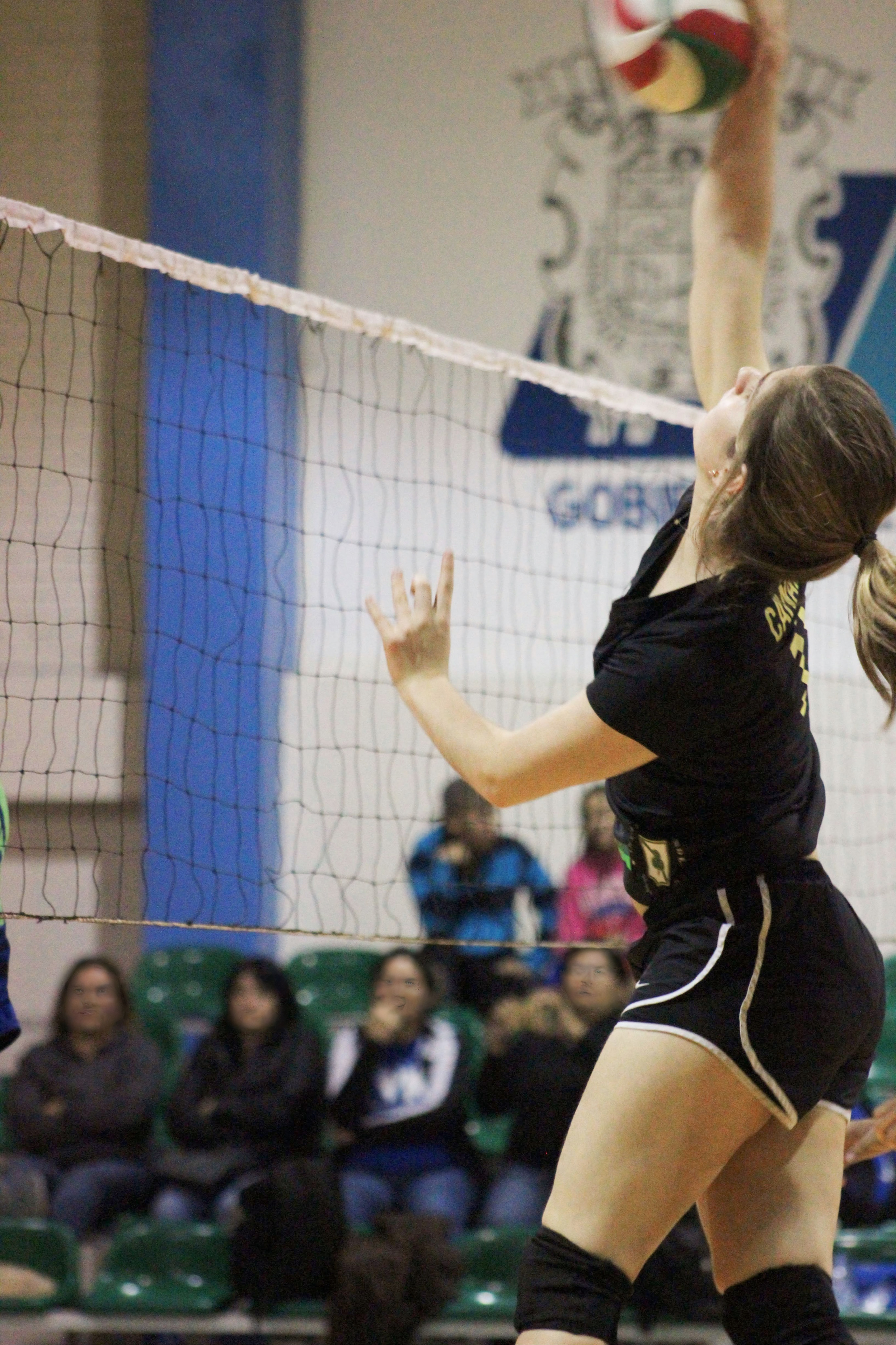 Female volleyball player in black uniform jumping to spike the ball at the net indoors.