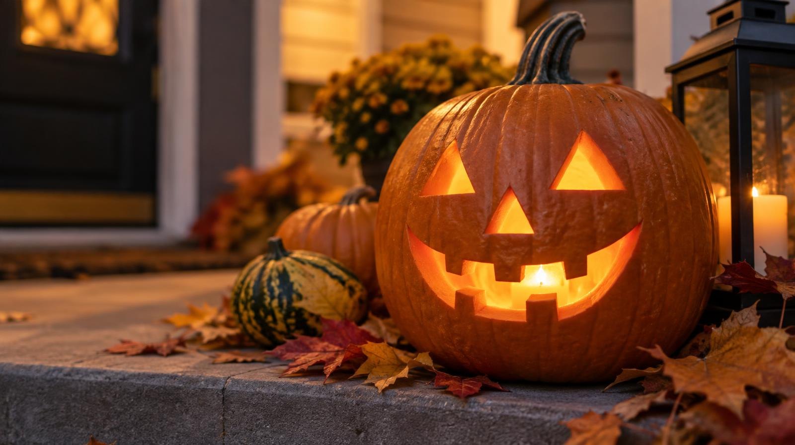 Glowing carved pumpkin on a porch step surrounded by autumn leaves and small gourds.