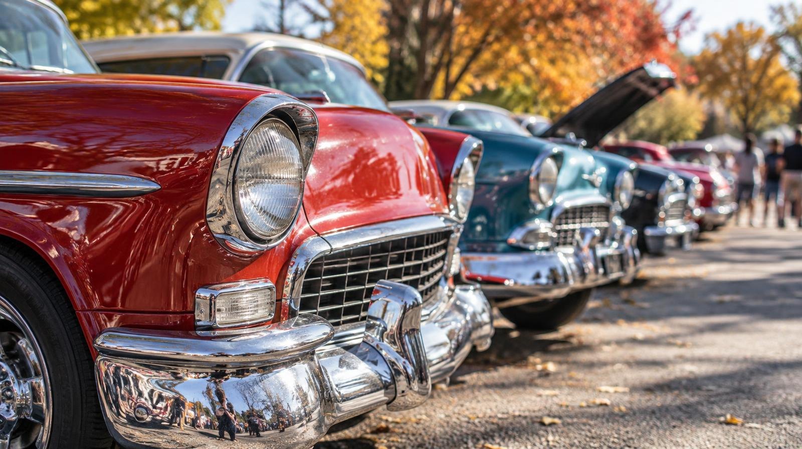 A row of gleaming classic cars parked outdoors in bright sunlight.