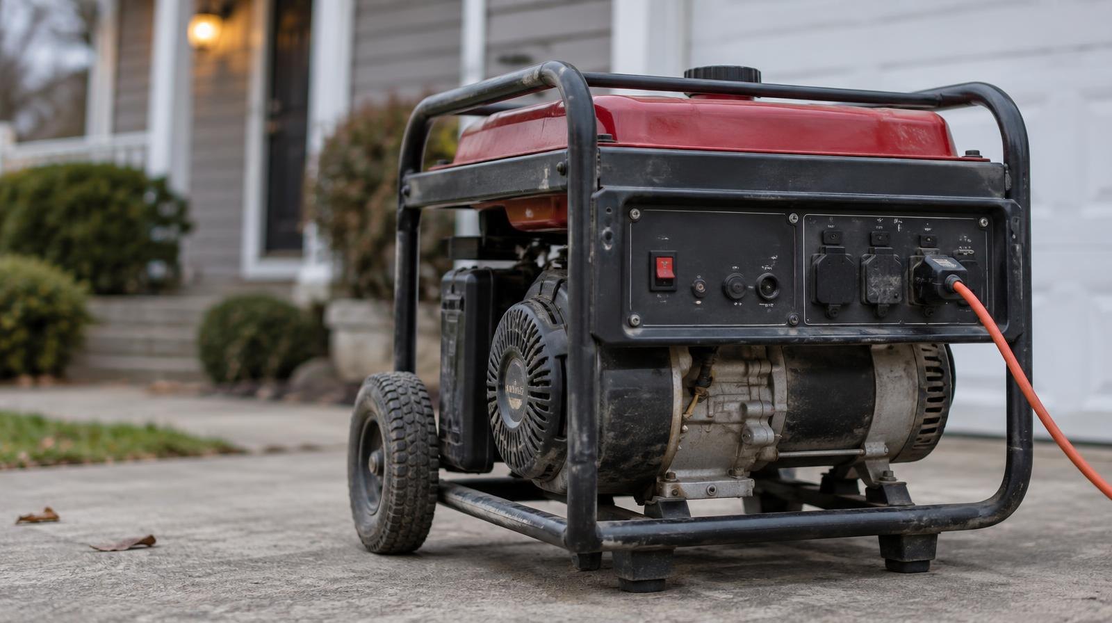 A portable gasoline generator parked on a residential driveway under overcast skies.