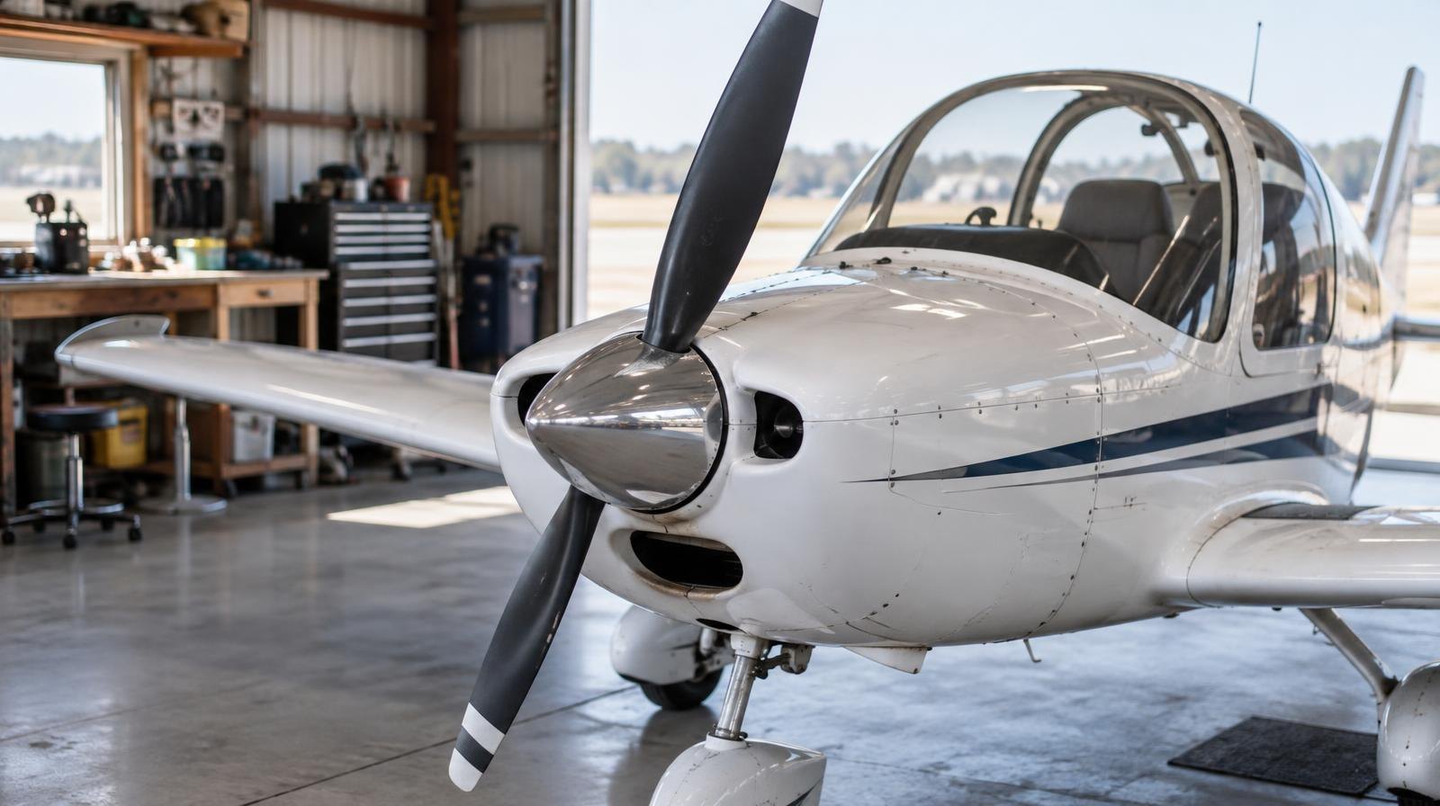 AI-generated illustration of a small two-seat light sport aircraft parked inside a hangar beside workbenches.