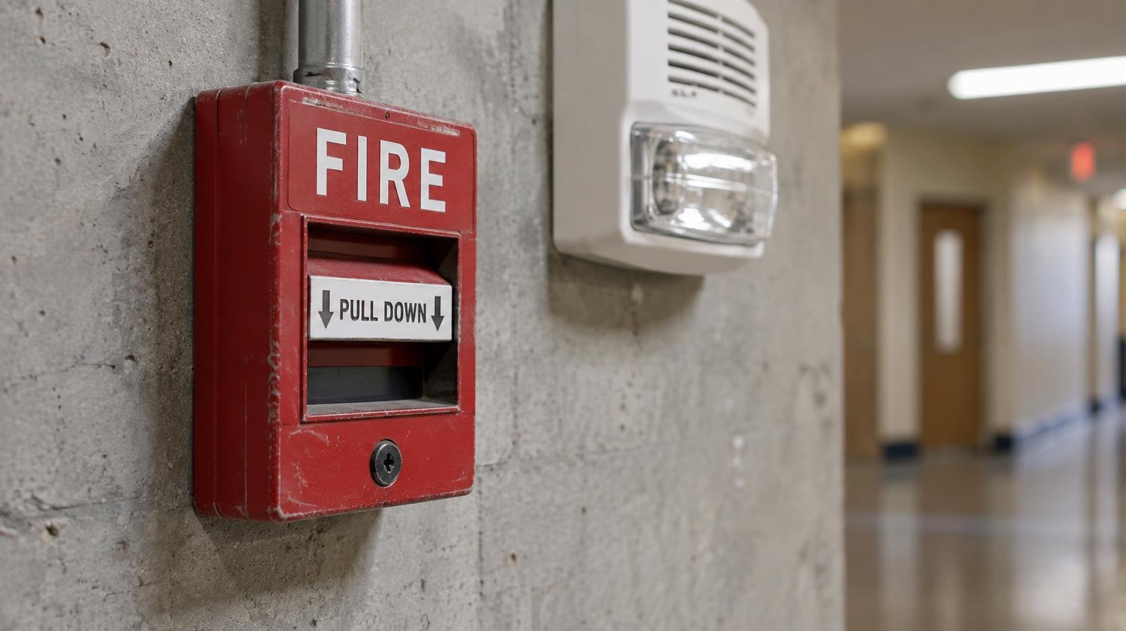 Red fire alarm pull station mounted on a concrete wall beside a white strobe and horn.