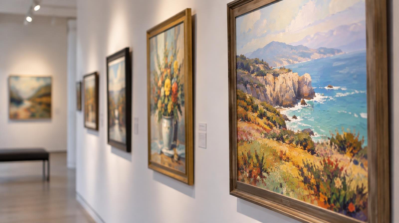 Several colorful framed paintings displayed on a white wall with gallery spotlighting.