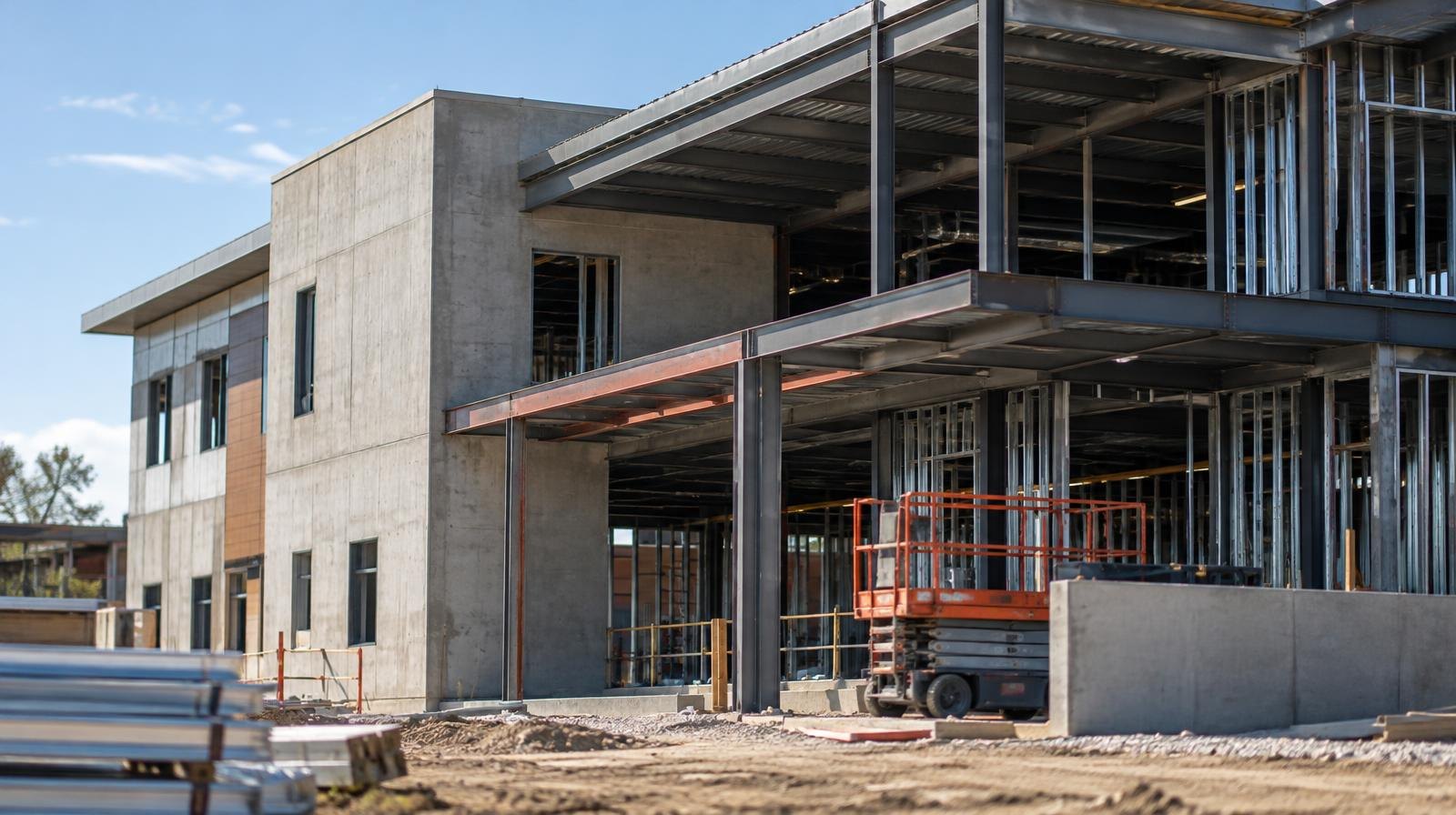 Steel-framed public safety station building partially constructed under a clear sky.