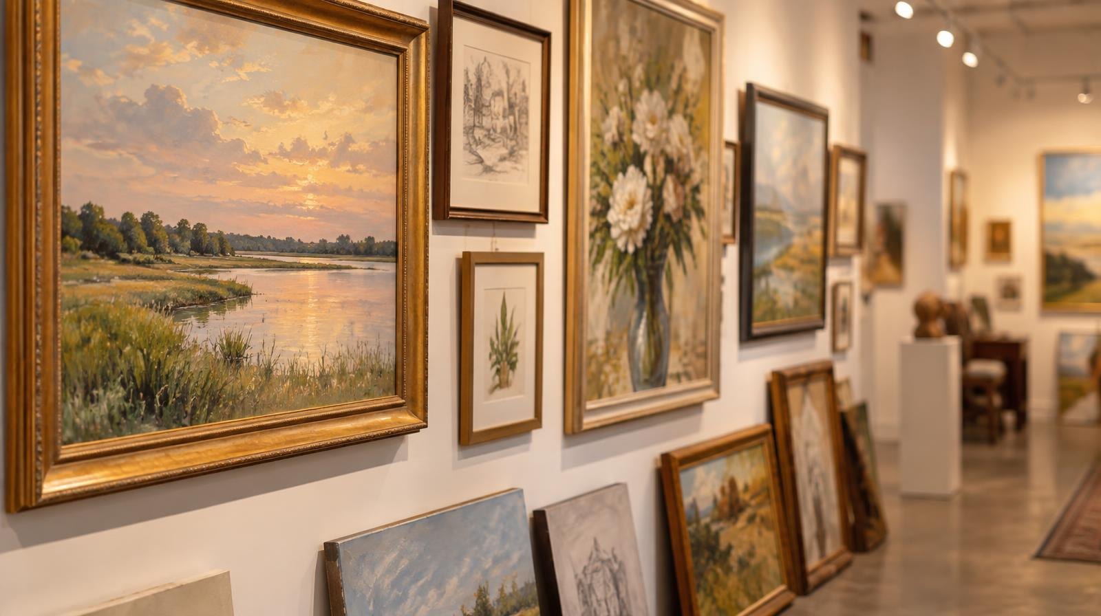 Framed paintings and drawings hang on a white gallery wall under warm overhead track lighting.