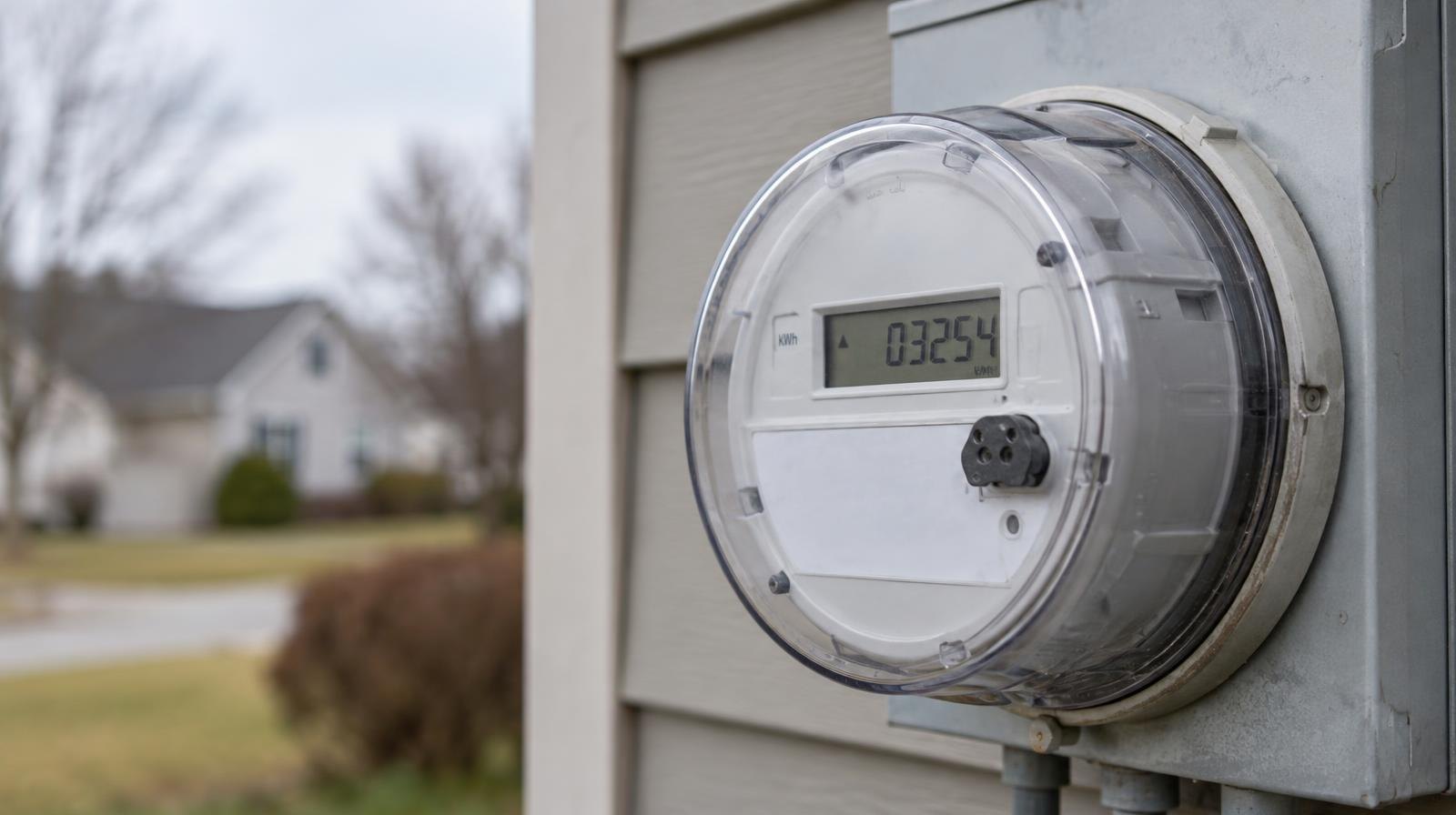 A digital electric utility meter mounted on the exterior wall of a house.