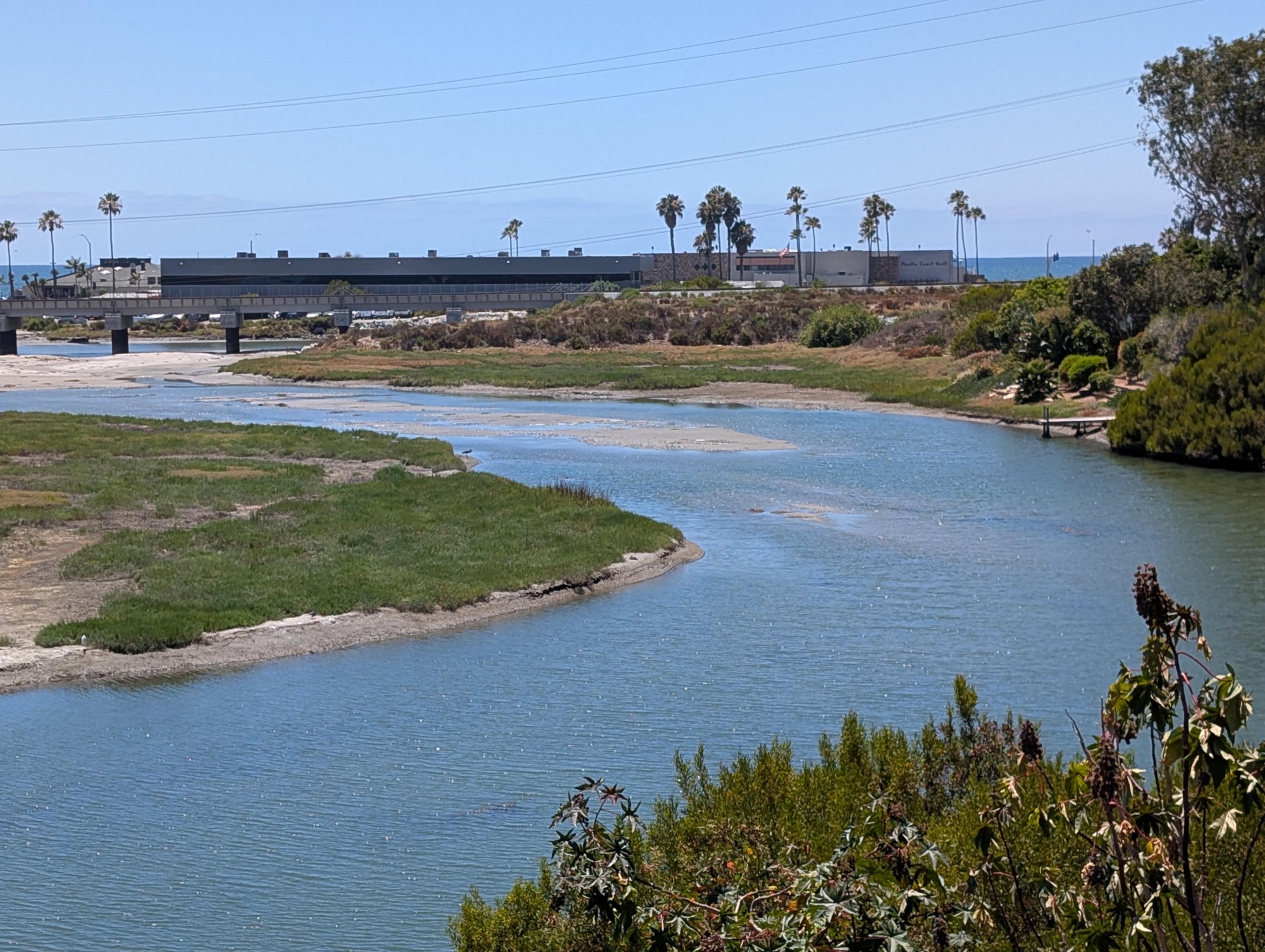 Winding lagoon channel with exposed sandbars, coastal vegetation, and ocean in the background.