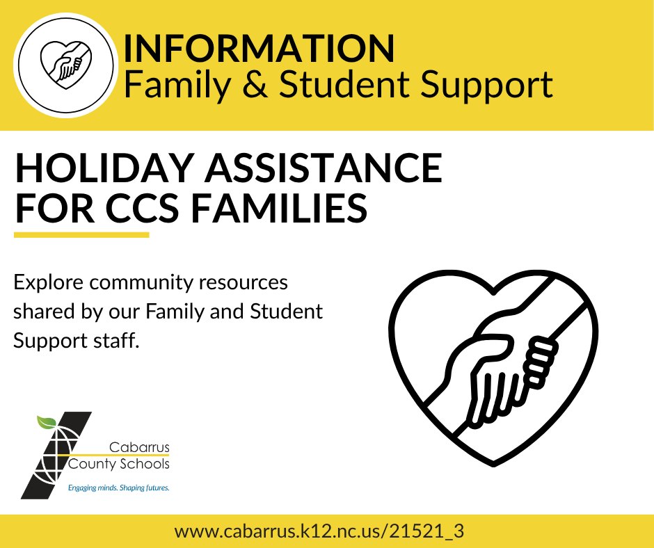 A flyer announcing holiday assistance programs for school families, with a heart graphic.