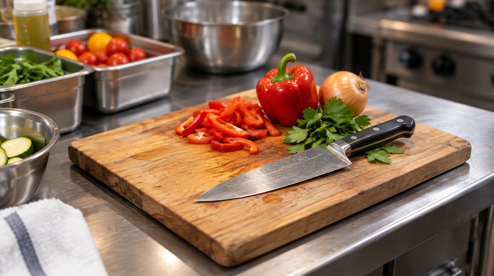 Chef's knife, cutting board, and vegetables on a stainless steel kitchen counter.