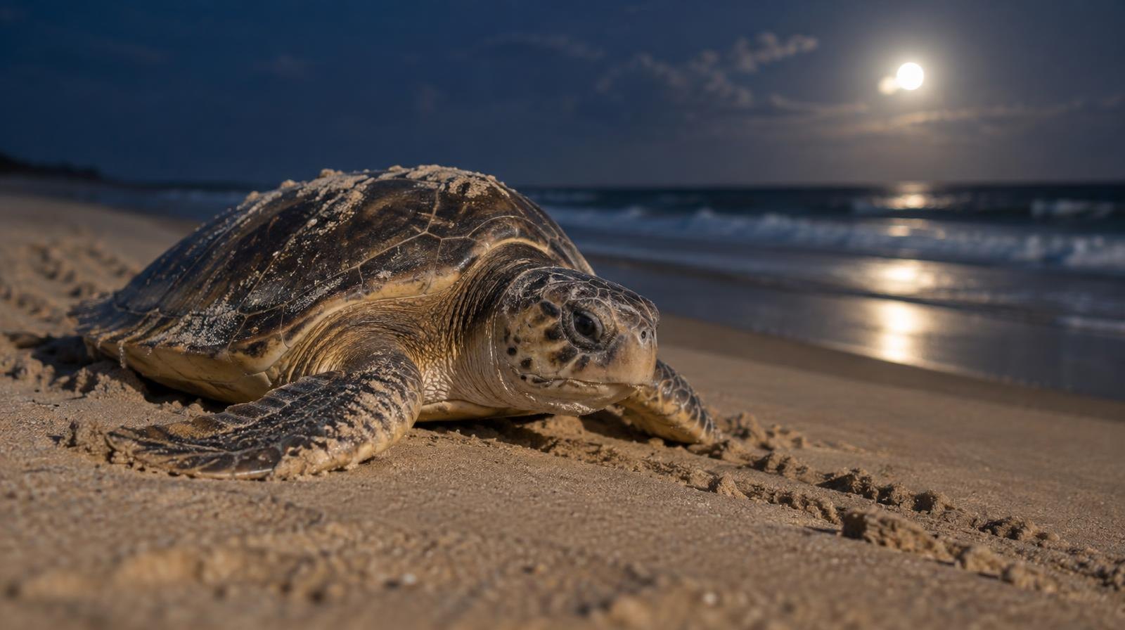 A sea turtle crawling across a wide sandy beach at night under moonlight.