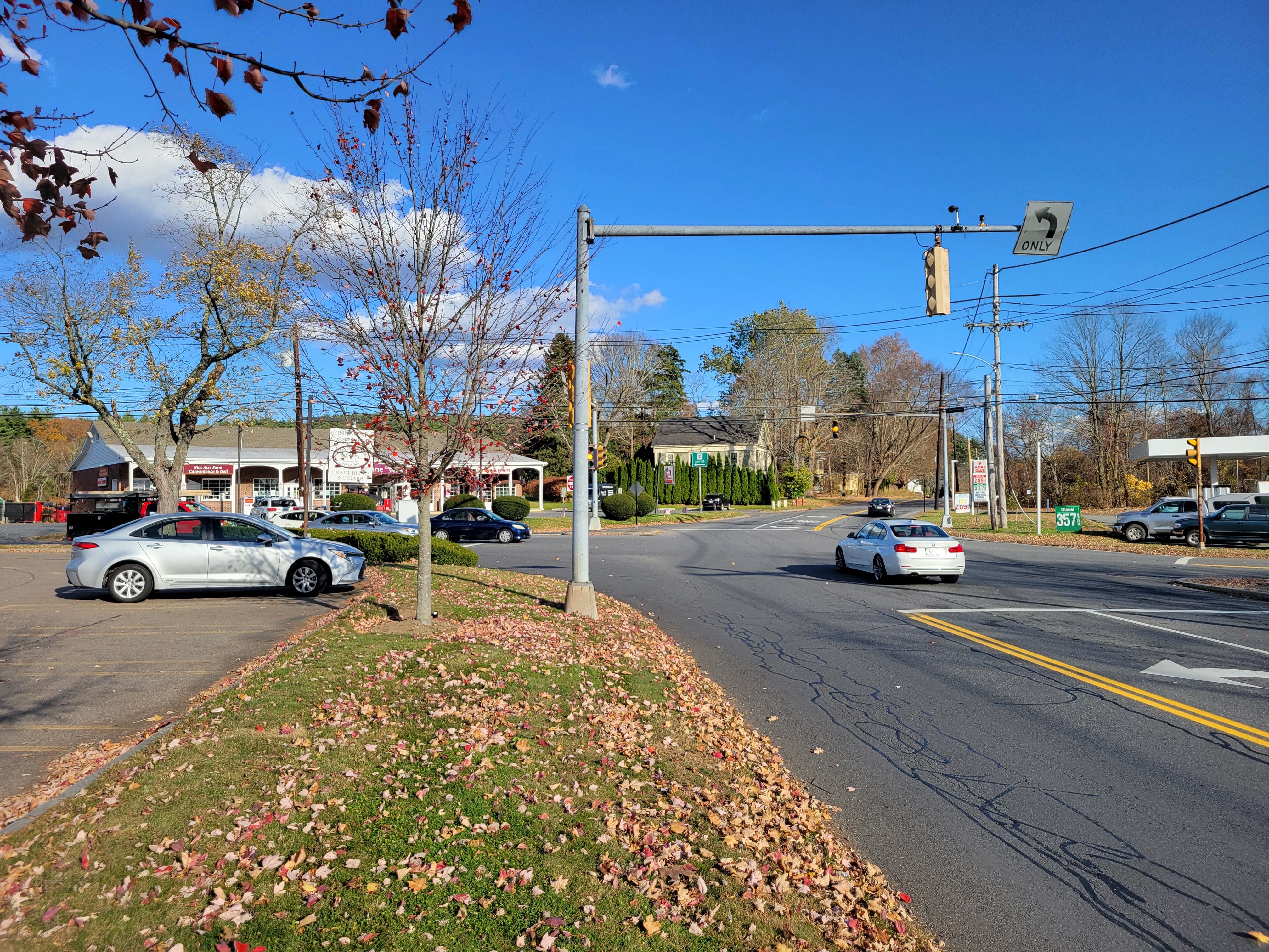 Road intersection with traffic signal, moving cars, and autumn foliage.