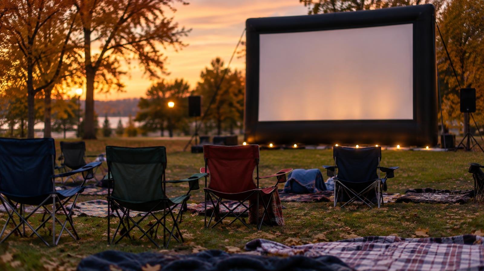 Large inflatable movie screen glowing at dusk with lawn chairs on grass.