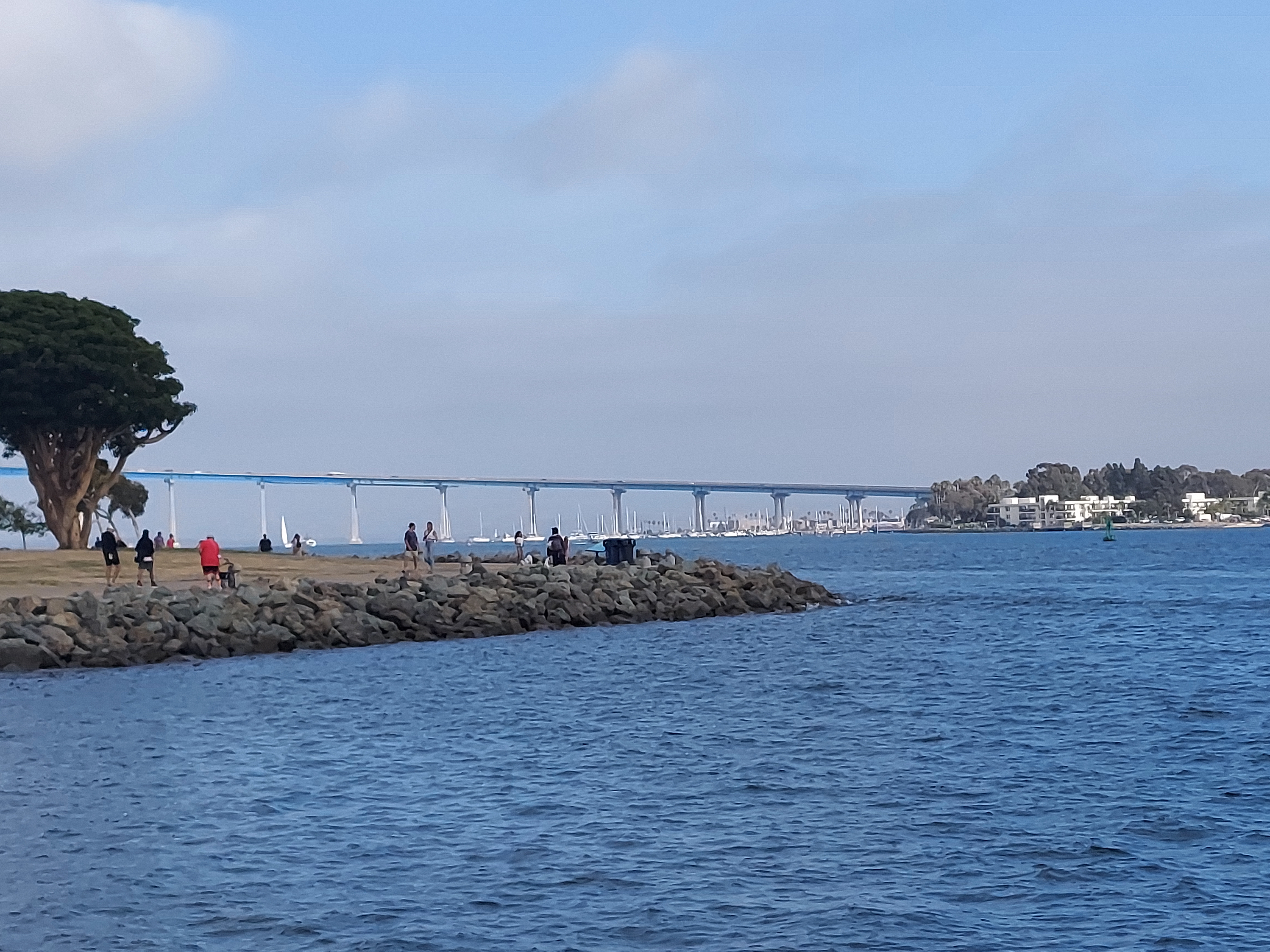 Rocky jetty extending into a bay with a large bridge spanning the water in the background.