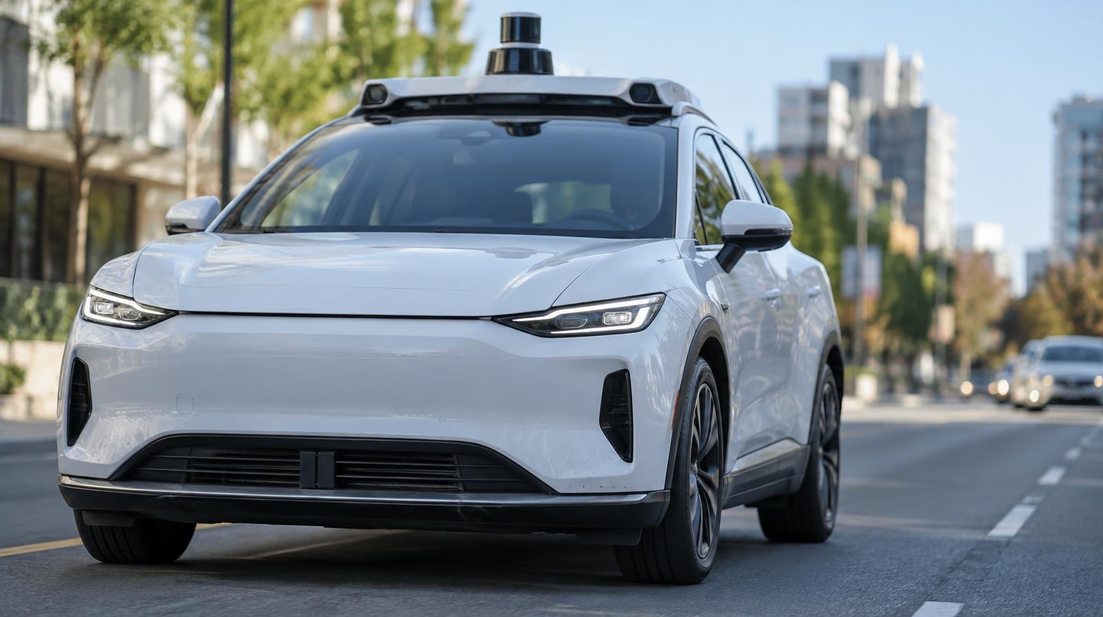 White driverless electric car on a city street with no visible driver.