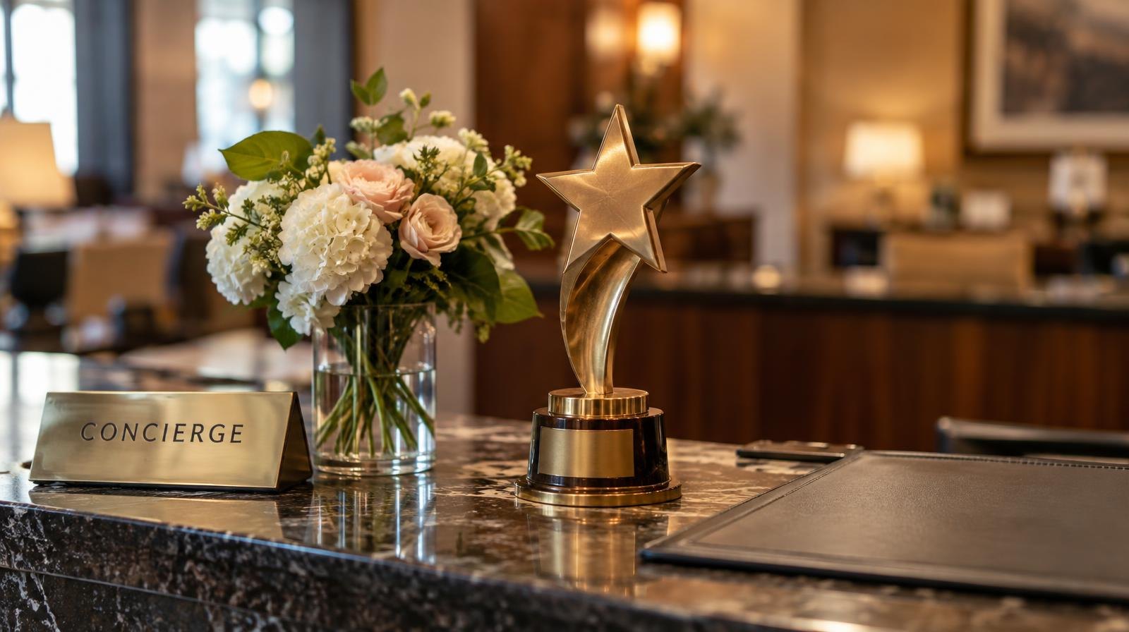 A golden trophy and small bouquet of flowers on a hotel concierge desk.