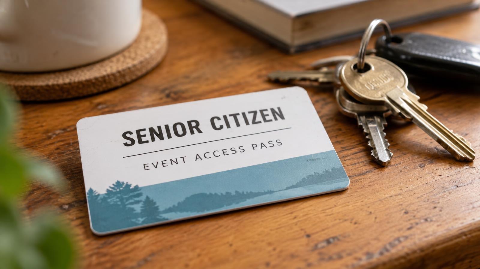 An admission card and keys resting on a wooden surface in warm light.
