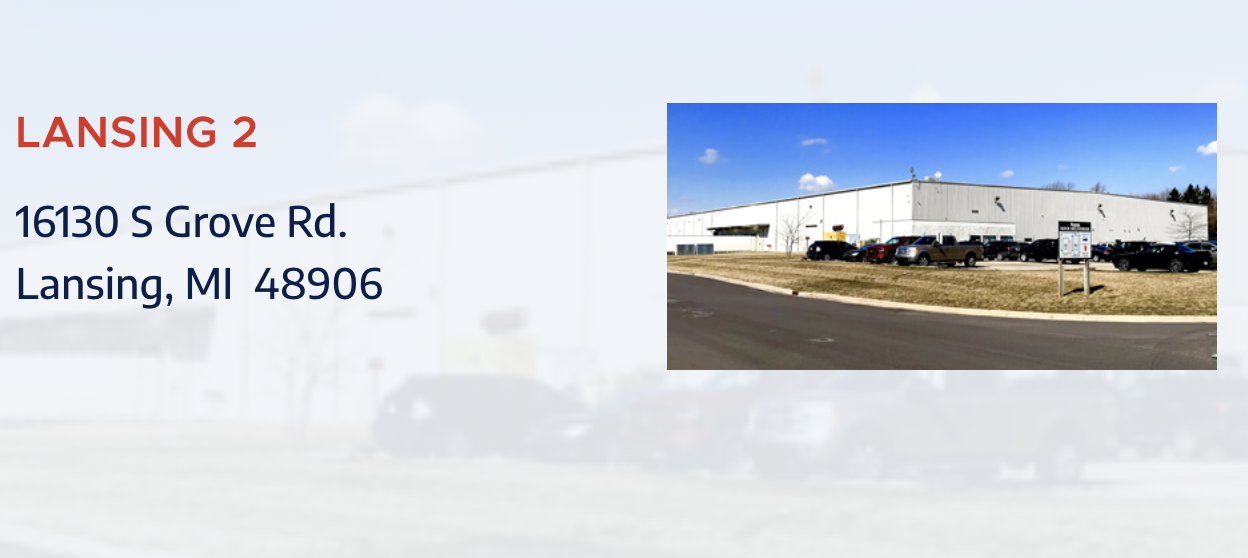 A promotional graphic from Dakkota Integrated Systems' website showing an exterior photo of its "Lansing 2" facility at 16130 S Grove Rd. in Lansing, Michigan.