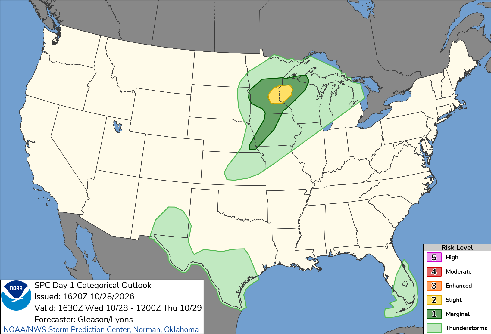 NOAA map showing severe thunderstorm risk areas across the United States on Oct. 28, 2026, with a yellow Slight Risk area over eastern Minnesota and western Wisconsin.