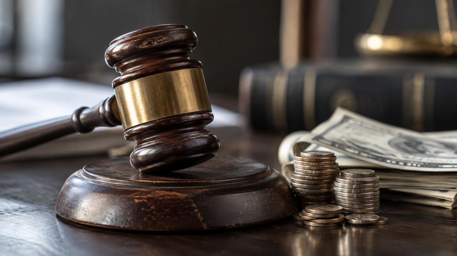 A wooden gavel on its sound block beside stacked coins and folded currency.