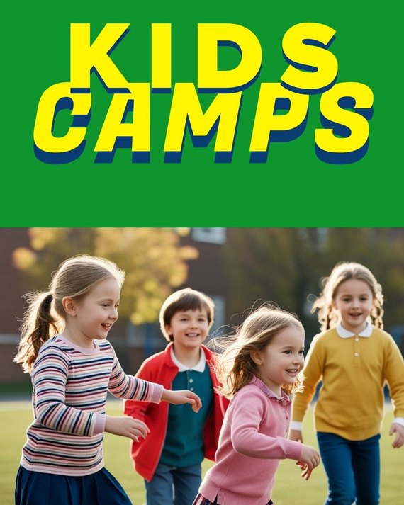 Promotional flyer reading 'Kids Camps' above four children running and smiling on a grassy outdoor area.