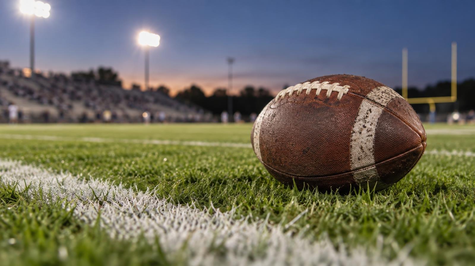 An American football resting on green grass near a painted white goal line.