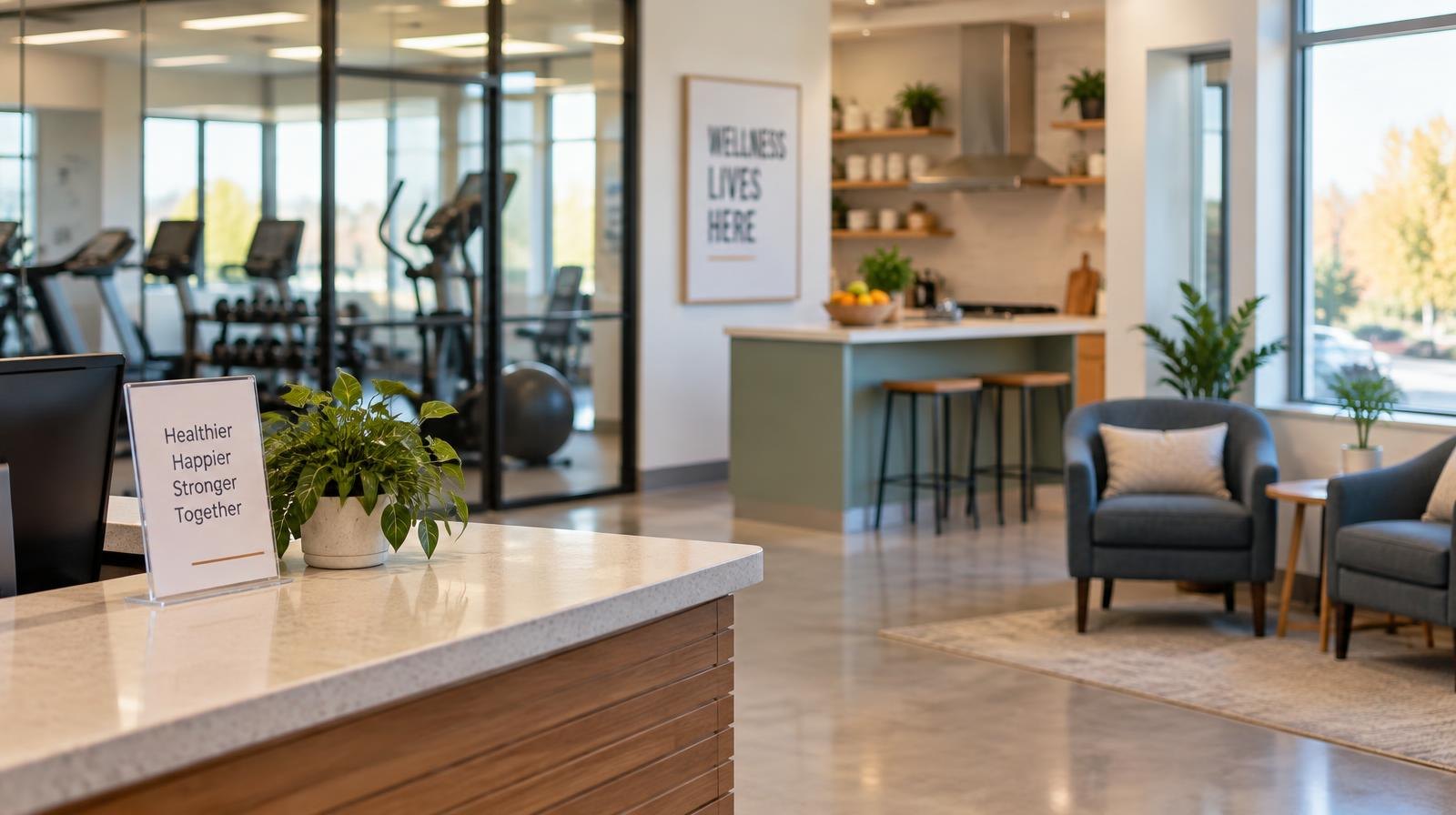 Bright wellness center interior with exercise equipment, kitchen counter, and counseling chairs.