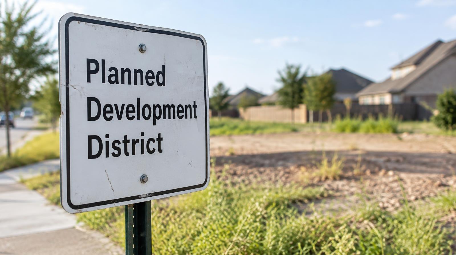 A zoning sign posted at the edge of a vacant lot next to a suburban street.