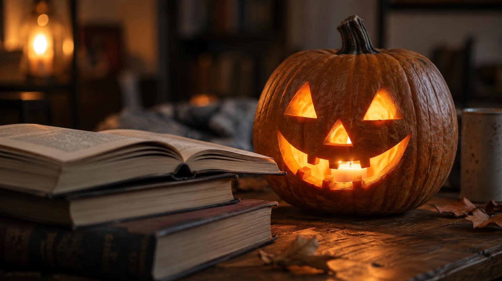 Open books stacked next to a glowing carved pumpkin on a wooden table.