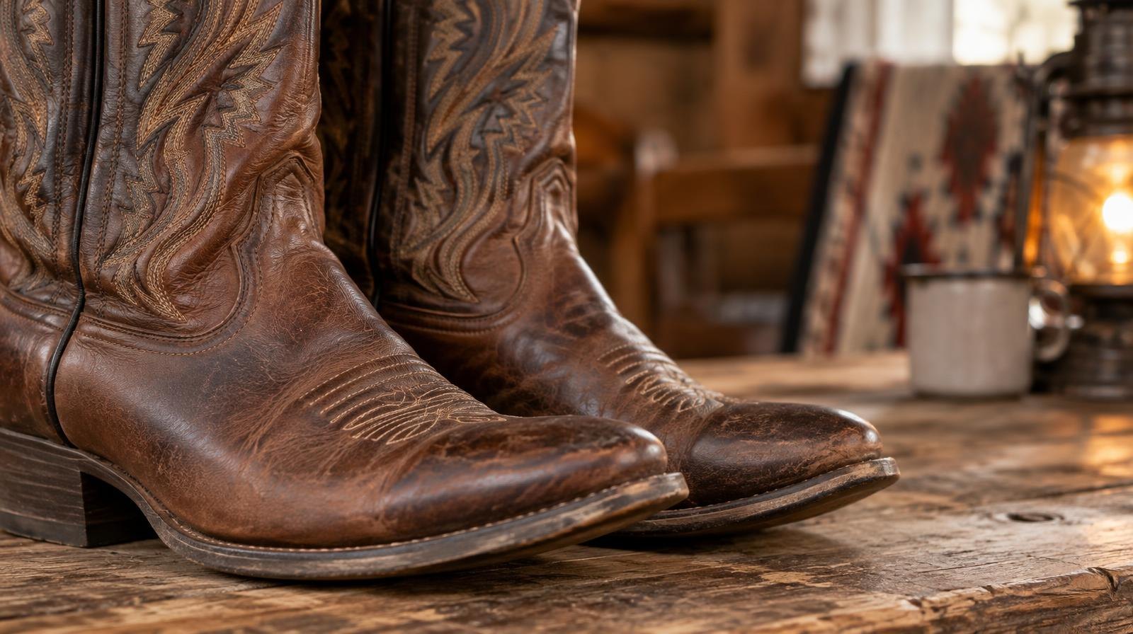 A pair of leather western cowboy boots with decorative stitching on a wooden surface.