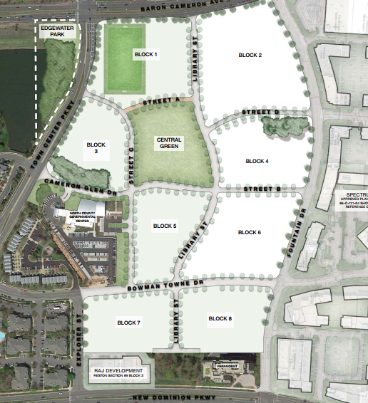 Site plan showing labeled development blocks, a central green space, and surrounding streets.