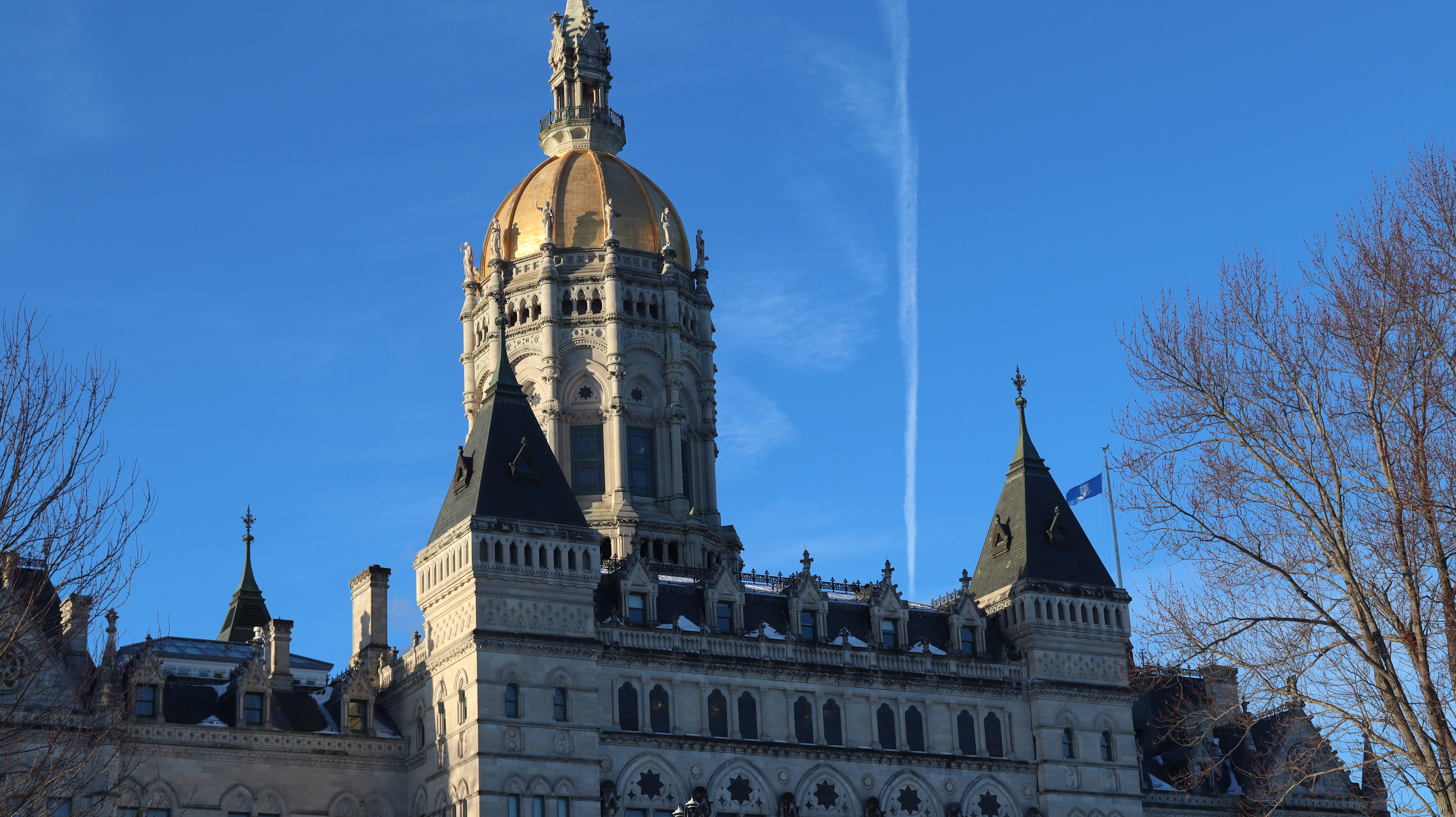 Gold dome and Gothic Revival spire of a state capitol building against a blue sky.