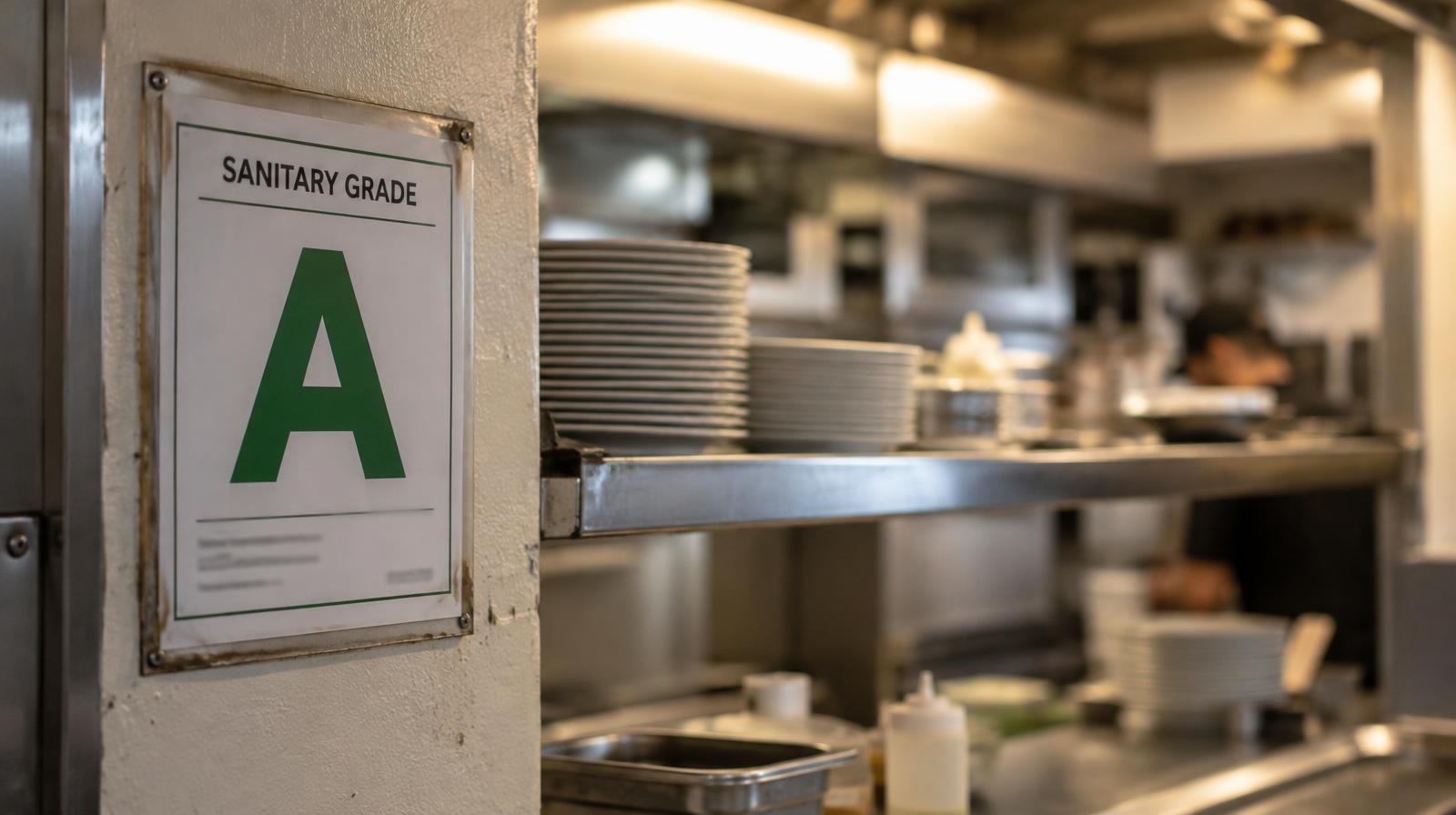 A health inspection grade card posted on a wall beside a kitchen pass-through window.