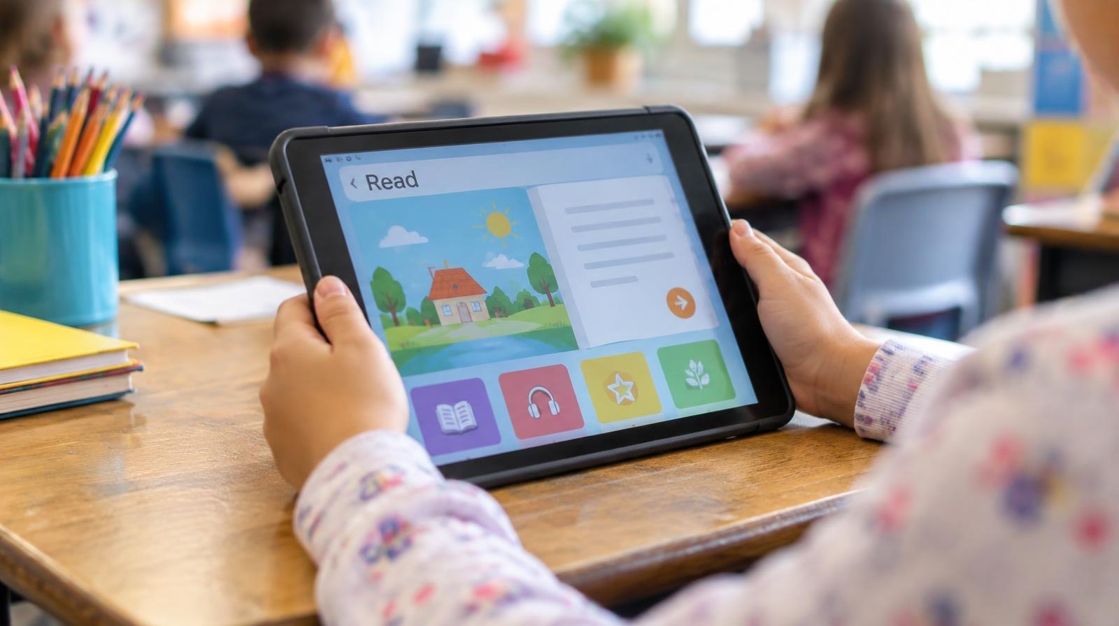 Child's hands holding a tablet with a colorful reading app on a wooden school desk.