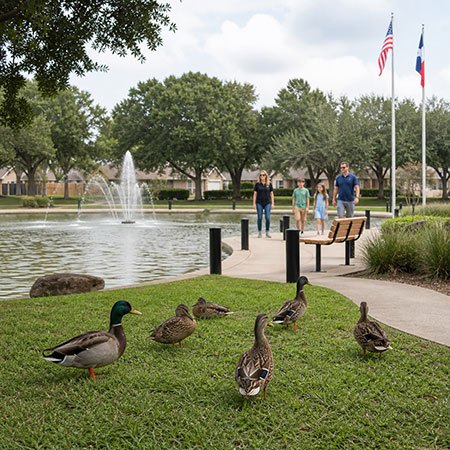A group of mallard ducks on a grassy lawn beside a pond with a fountain.