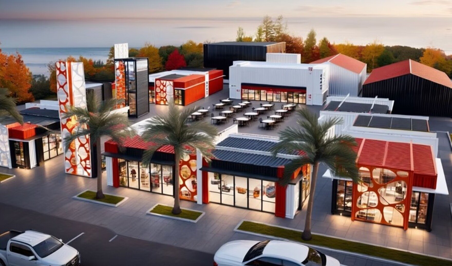 Aerial rendering of red-and-white container-style commercial buildings with palm trees and outdoor seating at dusk.