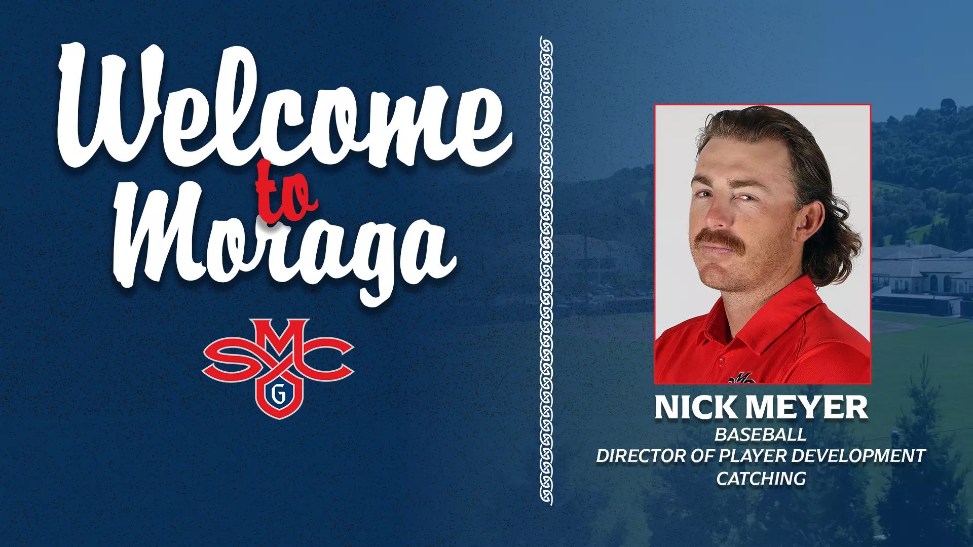 Promotional graphic welcoming a new baseball catching coach, featuring a headshot and team logo.