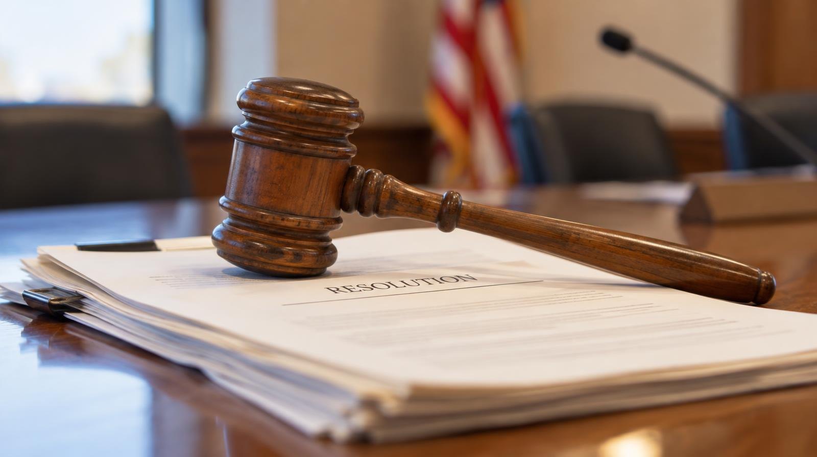 Wooden gavel resting on a stack of official documents on a table.