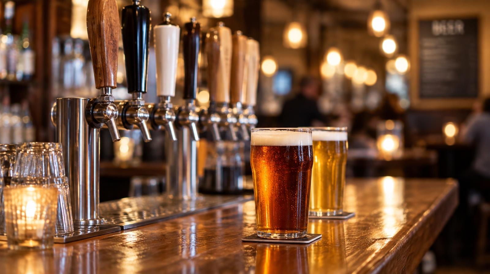 A row of craft beer tap handles on a wooden bar with glasses of ale.
