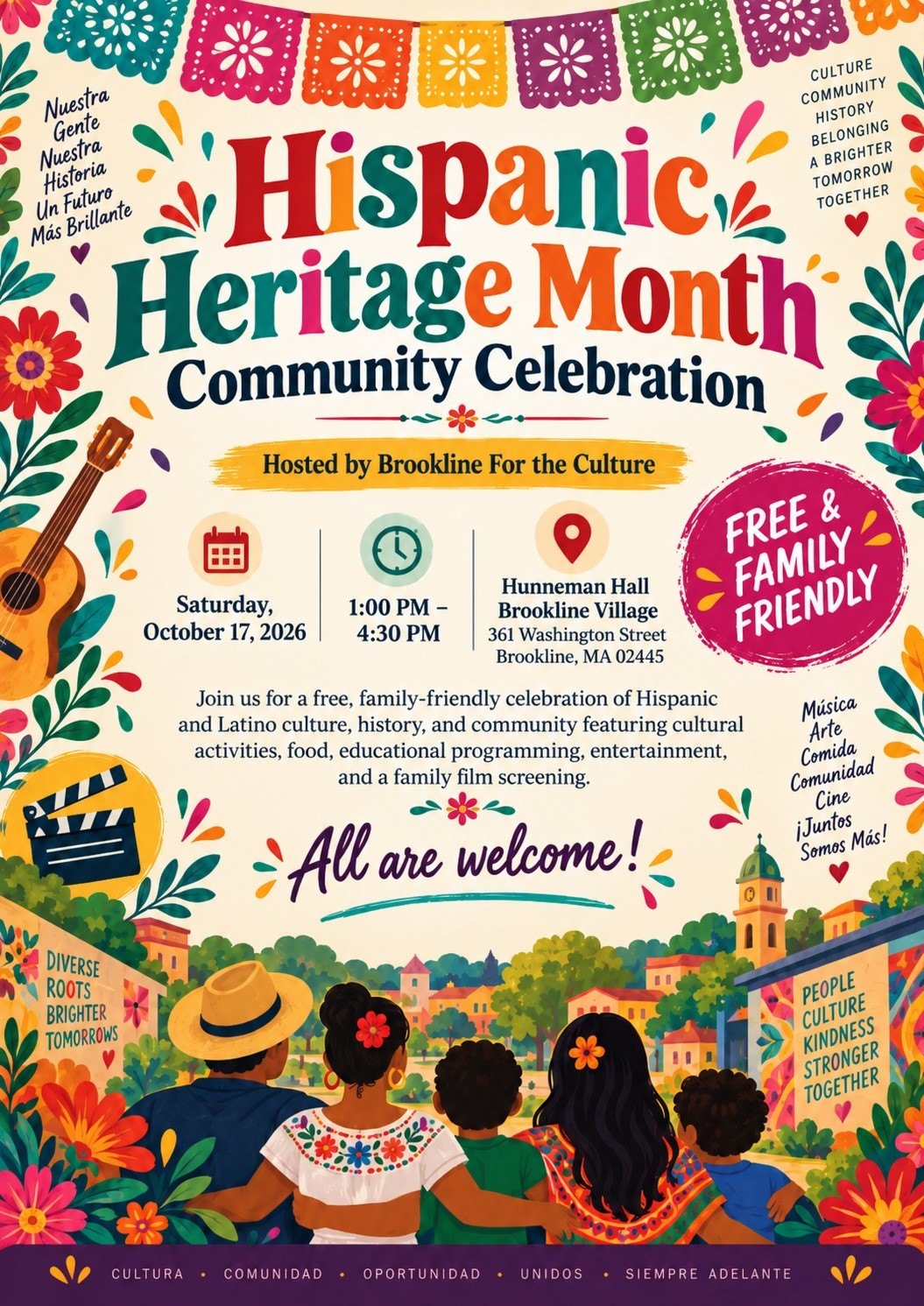 Colorful event flyer with illustrated figures, papel picado, flowers, and a guitar advertising a free community celebration.