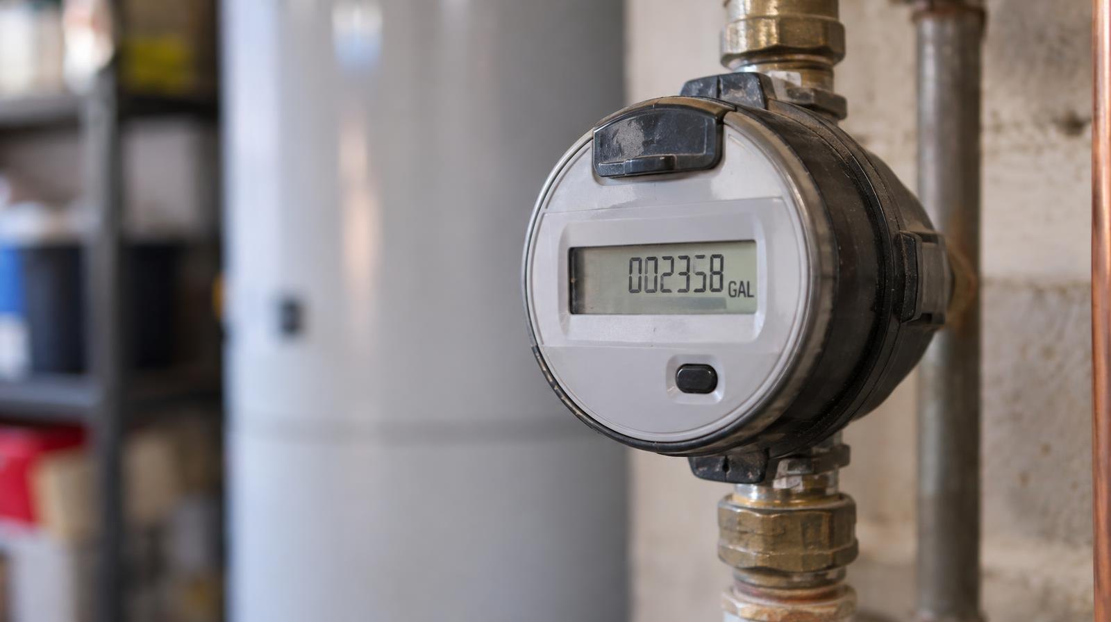 Close-up of a digital water meter mounted on a pipe indoors.