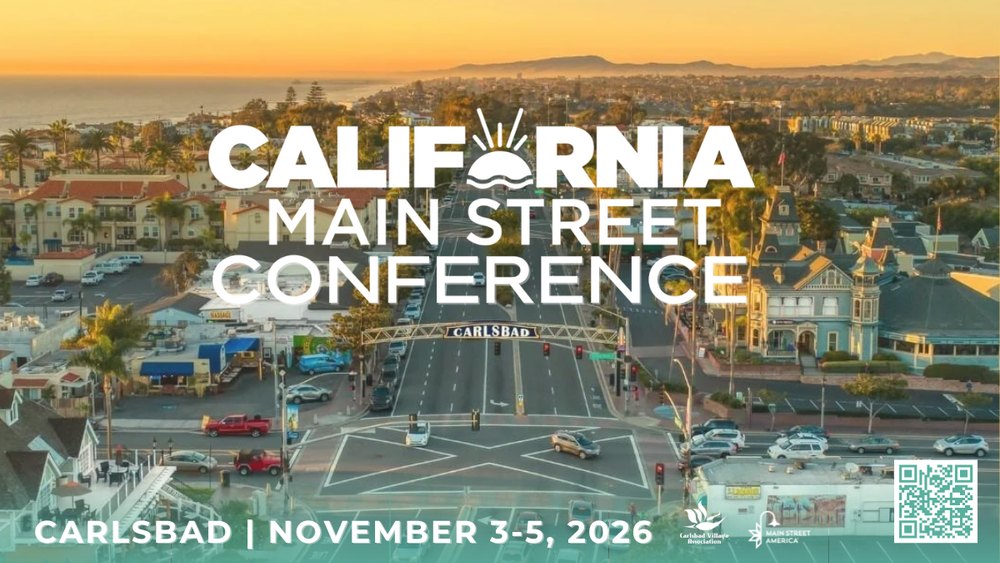 Event flyer for the California Main Street Conference with an aerial sunset view of a coastal village street.