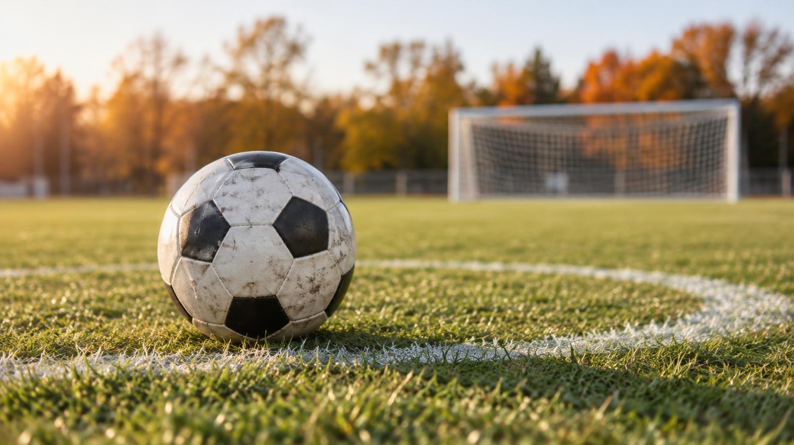 A black-and-white soccer ball sits on a green grass field with a goal net behind it.