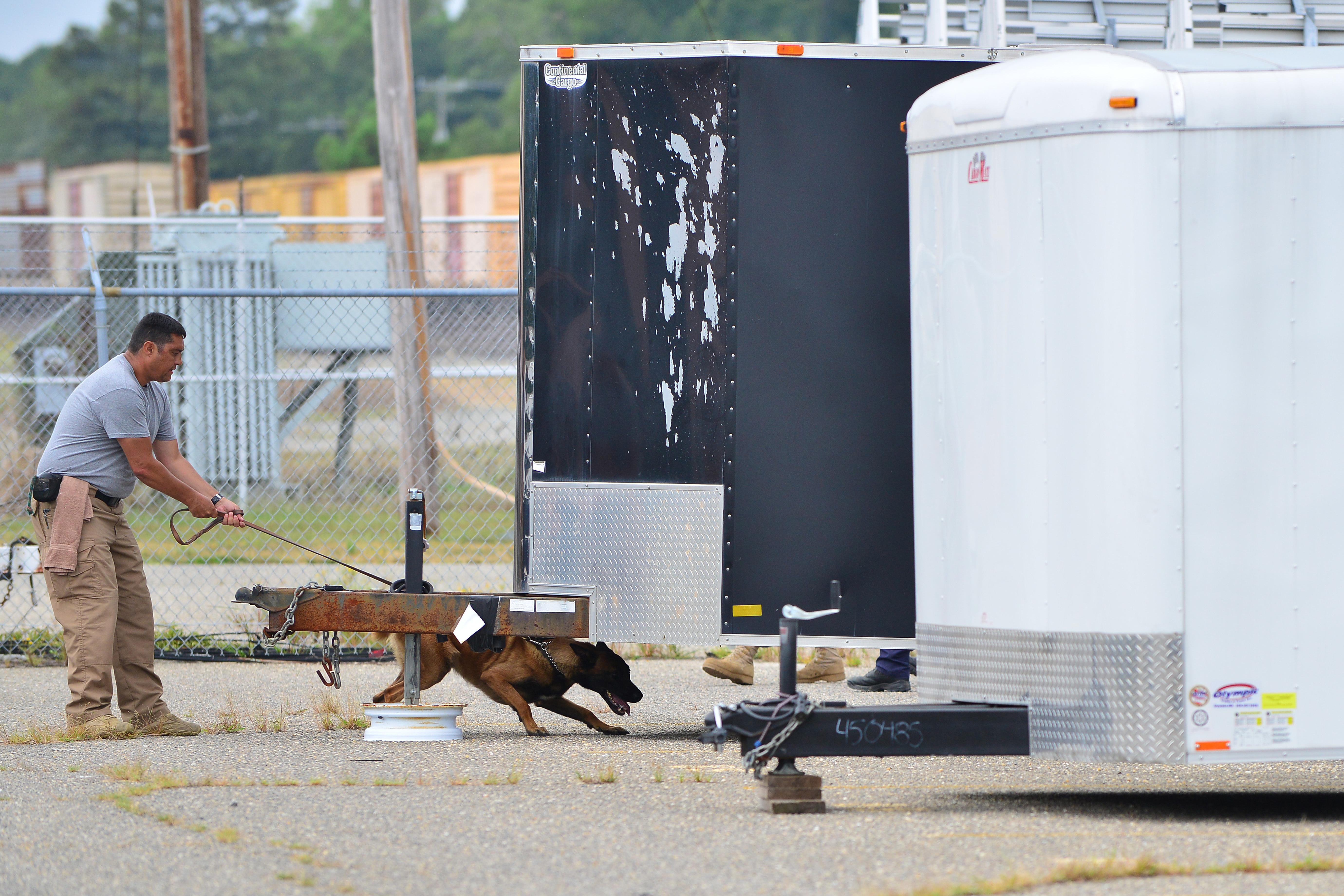 A handler leads a detection dog on a leash through an outdoor training course.
