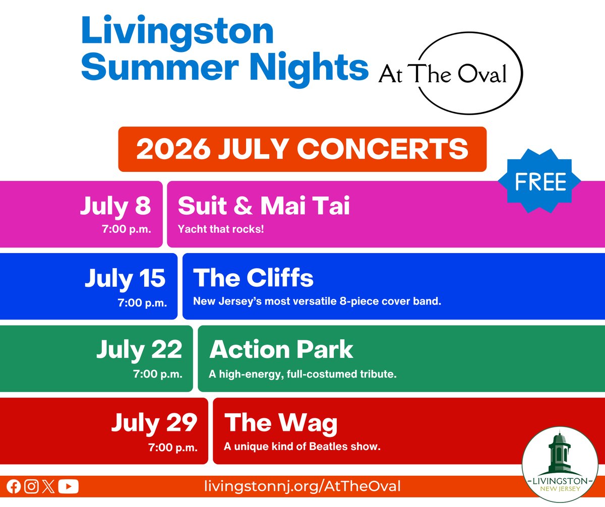 Promotional flyer listing four free July concert dates for Livingston Summer Nights at the Oval.