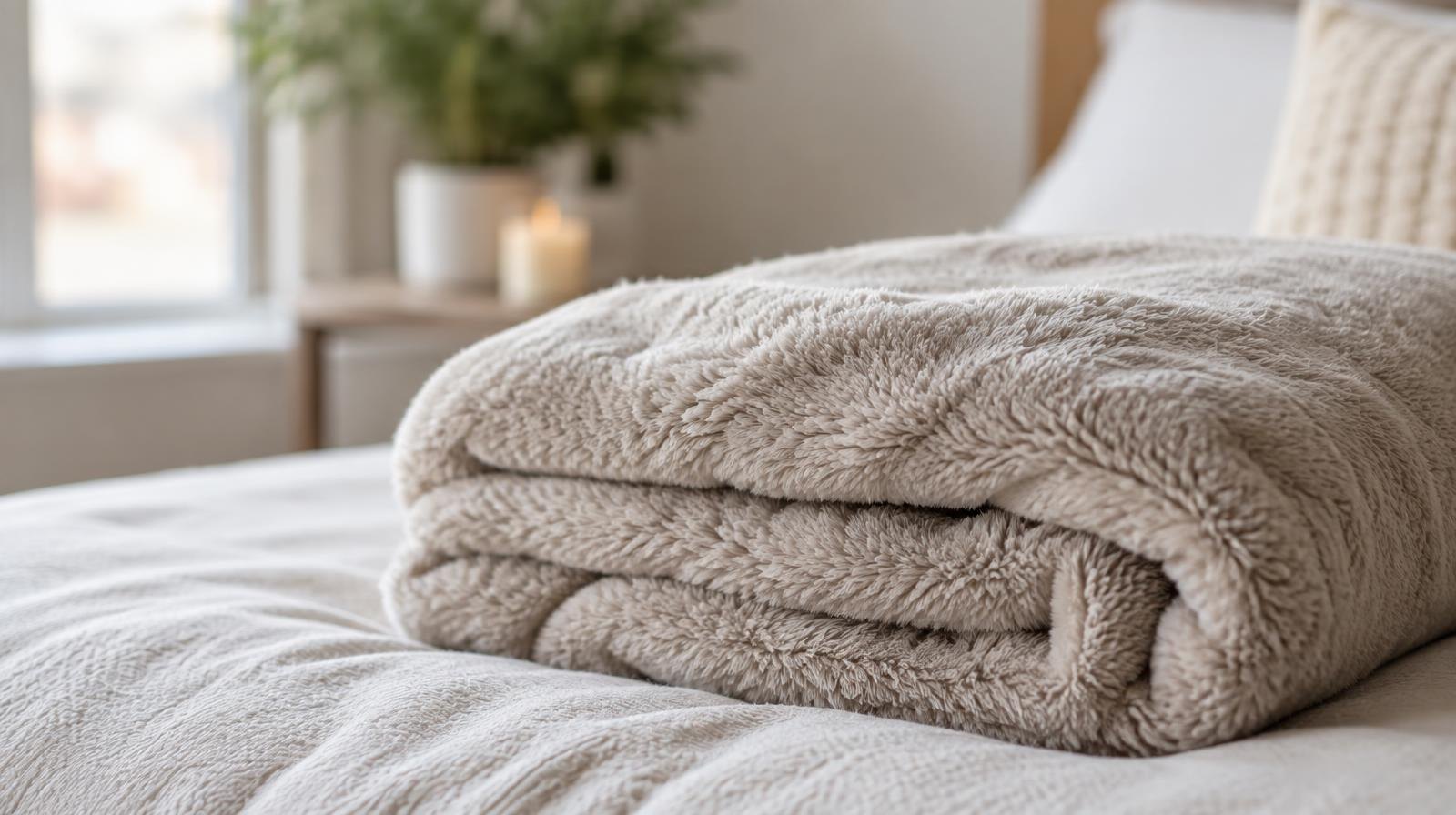 A neatly folded soft plush blanket in a neutral color on a clean surface.