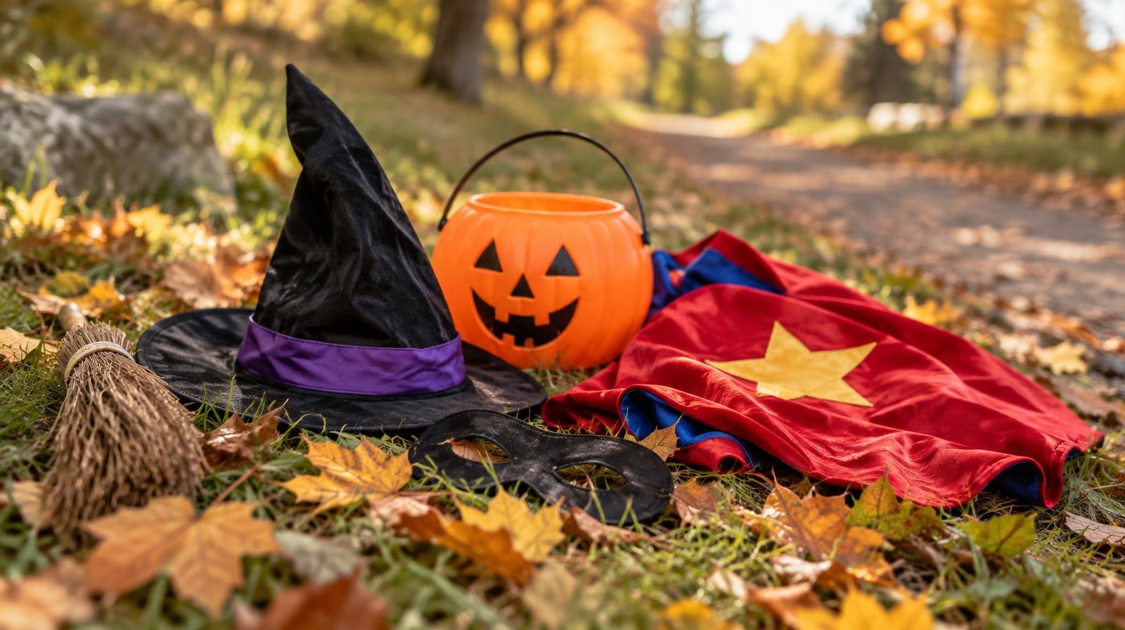 Halloween witch hat, superhero cape, and jack-o'-lantern bucket on a leaf-covered trail.