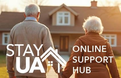 Two older adults seen from behind facing a suburban home, with STAY UA Online Support Hub text overlay.