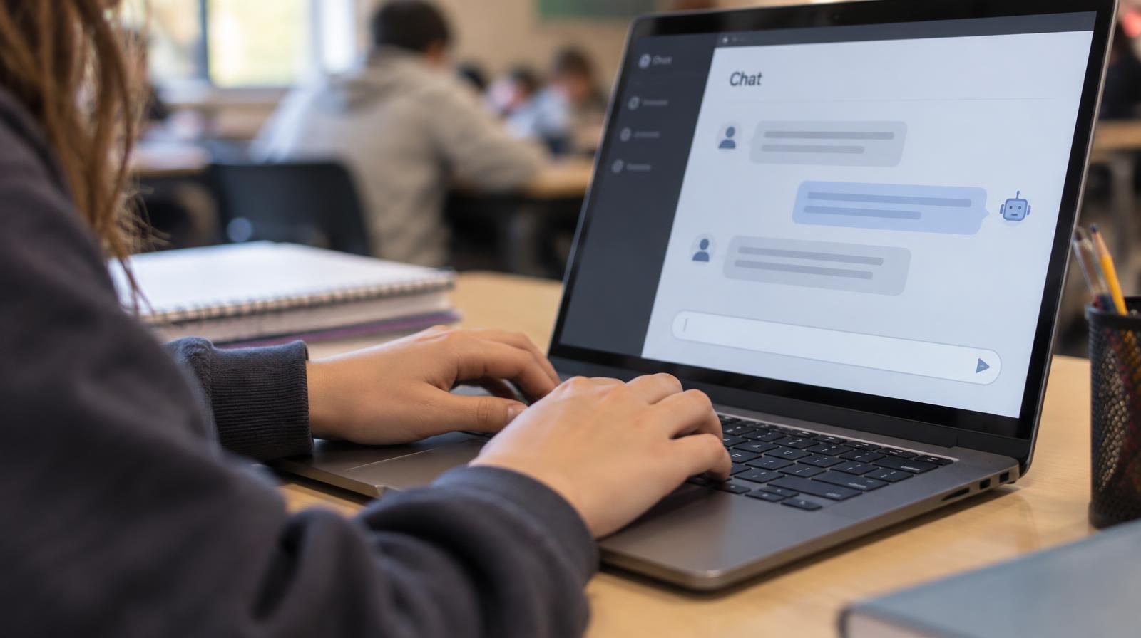 Hands on a laptop keyboard with a glowing chat interface visible on the screen.