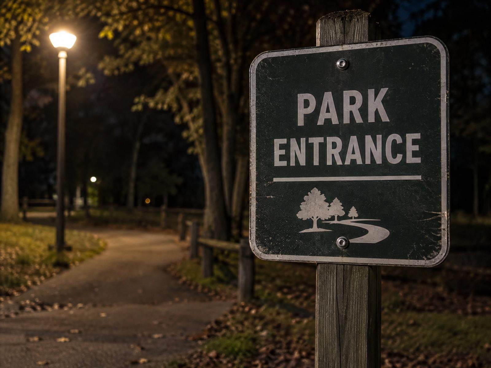 A park entrance sign illuminated by a streetlight at a dark wooded park entrance.